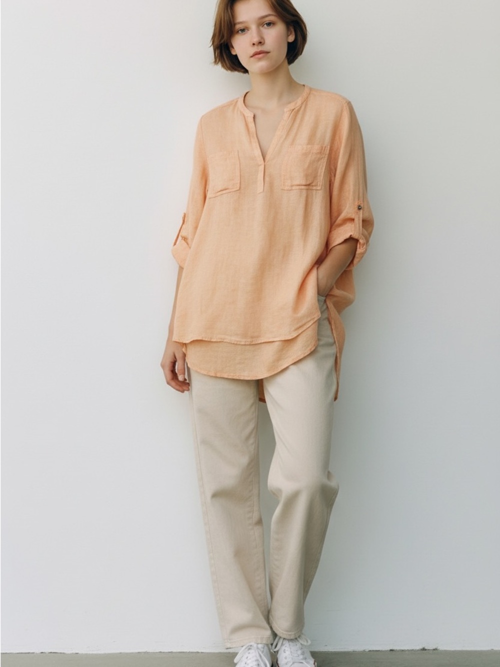 Chico’s Shirt Tunic Women Orange Long Sleeve Linen V Neck Beach Boho Size 2(L)